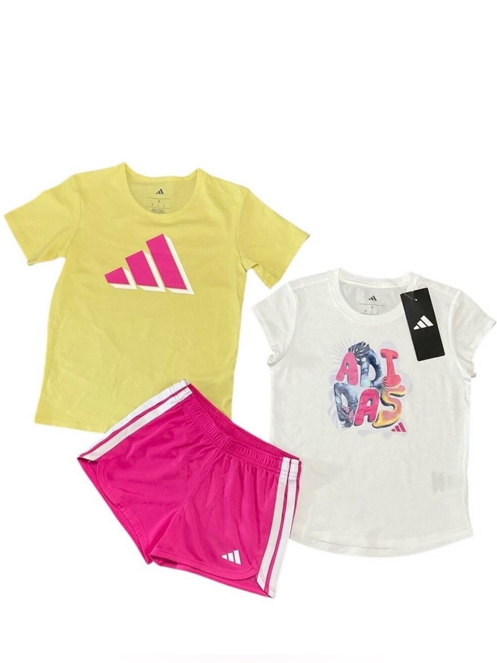adidas Girls 3-Piece Bright Active Set Yellow, White, Pink Size 5 or 6 NWT